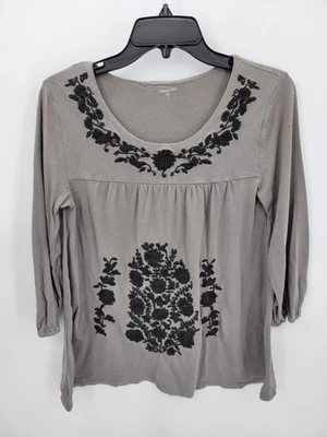Garnet Hill Top Womens Small Gray Black Embroidered 3/4 Sleeve Boho Peasant - Image 1 of 4