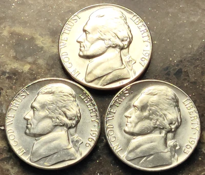 1965 - 1966 - 1967 Jefferson Nickels - Three BU Coins from OBW Rolls - Image 1 of 2