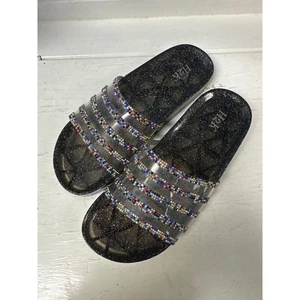 H2K Womens Black Glitter Rhinestone Slide Sandals Sparkle Casual Shoes - Picture 1 of 4