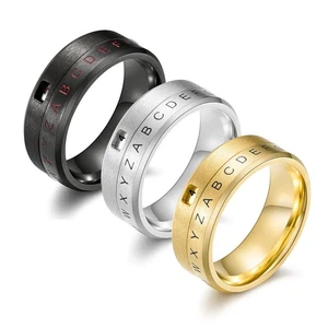 8MM Men's Stainless Steel Alphabet Number Spinner Ring Decoder Wedding Band Ring - Picture 1 of 13