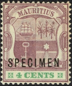 SG 130s MAURITIUS 1897 – 4c DULL PURPLE & EMERALD (SPECIMEN) – UNMOUNTED MINT - Picture 1 of 2