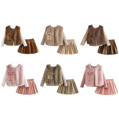 Gonna bambina 3 pezzi manica lunga pieghe prima comunione gilet con top cerimonia - Immagine 1 di 3