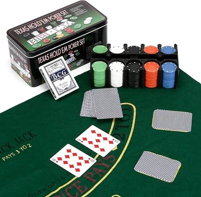 200 Poker Set Texas Hold'em Game Gaming Mat Chips 2 Decks Playing Card With Box - Image 1 of 4