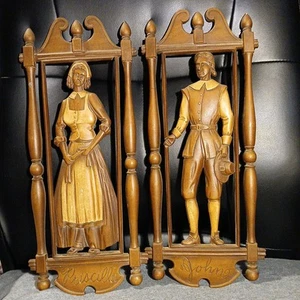 Vintage Syroco Wall Hanging Wood Pilgrims John & Priscilla 18” - Picture 1 of 8