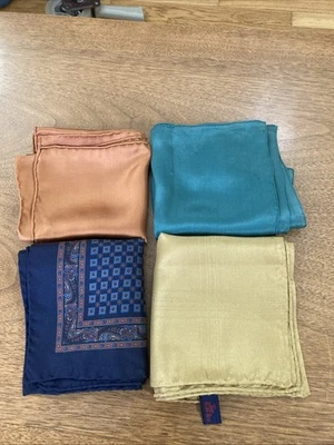 Lot Of 4 Vintage Pocket Squares Mini Scarves Silk Navy Gold Orange Green - Image 1 of 4