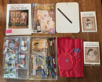 Lote de kit de punto de cruz bordado usado estuche hilos libros muñeco de nieve patrones DM Foto 1 de 4