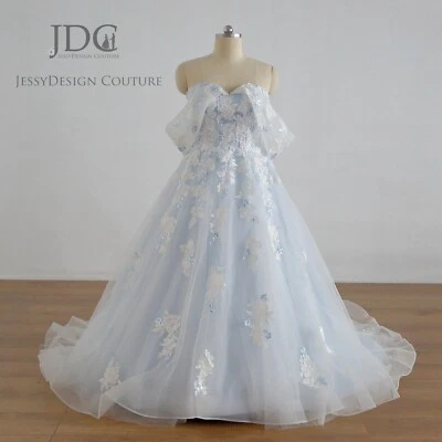 2025 Hot Colorful Blue Lace Ball Gown Wedding Dress Bridal Corset Boned Bodice - Image 1 of 4