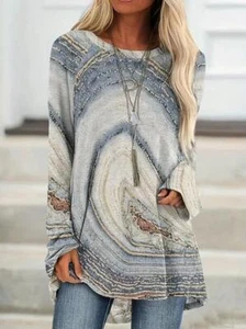 Fashion Women Marble Print Crew Neck Long T-Shirt Casual Long Sleeve Top Gray - Picture 1 of 3