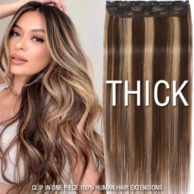 THICK One Piece 100% Real Clip in Remy Human Hair Extensions 3/4 Full Head Weft - Image 1 of 4