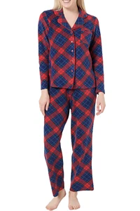 Hanes Legacy Stretch Fleece Notch Collar Pajama Set Blue Tartan - Picture 1 of 2