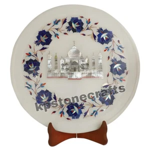 Round White Marble Plate with Taj Mahal Inlay | Decorative Art Gift | 12" Semi - Picture 1 of 4