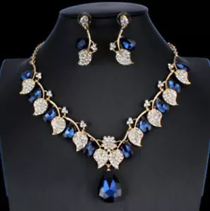 Gold Plated Dubai Kundan African Blue Rhinestone Necklace Earring Bridal Jewelry - Picture 1 of 3