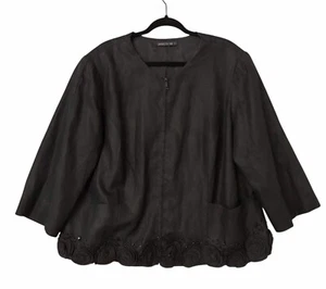 Lafayette 148 100% Linen Beaded Zip Jacket Floral Appliqué Black Evening Sz 2X - Picture 1 of 10