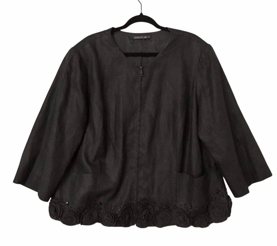 Lafayette 148 100% Linen Beaded Zip Jacket Floral Appliqué Black Evening Sz 2X - Image 1 of 4