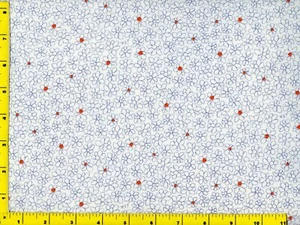 Blue Loop Flowers Red Centers on White Quilting Sewing Fabric 1 Yard #565y - Picture 1 of 1
