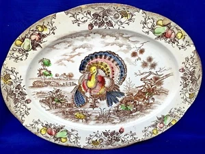 Vintage BUNTE Truthahn Fleischplatte Transferware Marke Corona 14/18,5 ❤️m13 - Bild 1 von 12
