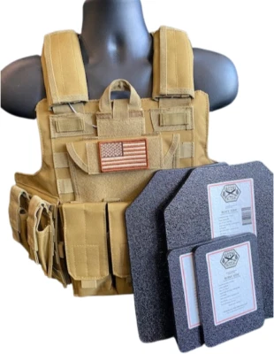 GREEN2 TACTICAL Coyote Tan FDE Tactical Vest Plate Carrier W/ Plates- 2 10x12 Front/back &Sides