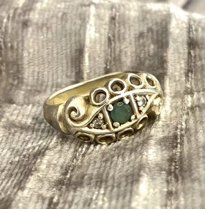 Exquisite 18ct Gold Plated Vintage Ring with Genuine Emerald And Diamonds Ornate - Picture 1 of 6