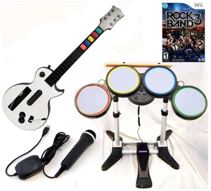 Nintendo Wii ROCK BAND 3 Game Bundle Set w/Wireless Guitar Drums mic WiiU - Picture 1 of 9
