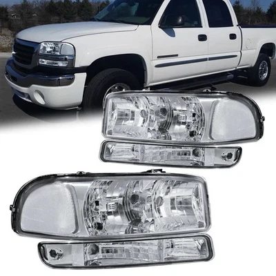 Headlights w/ Bumper Lamps For 1999-2007 GMC Sierra 1500 2500 2000-2006 Yukon XL - Imagem 1 de 4