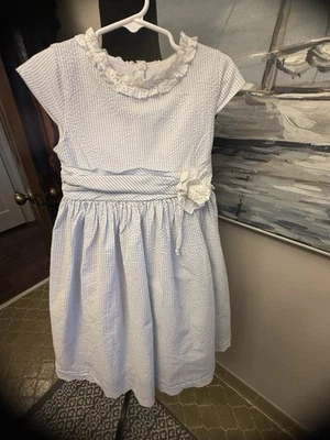 Vestido LAURA ASHLEY Azul Blanco Rayas Seersucker Talla 6X Falda Giratoria Ojales Encaje Foto 1 de 4