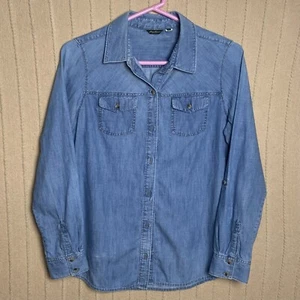 Eddie Bauer Shirt Womens Medium Blue Denim Jean Overshirt FlapPockets Ranch Easy - Picture 1 of 12