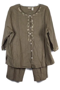 Erika Olive Green Women's 2 Pc Ankle Pants Blouse Sequins Set Size 2X 025 - Picture 1 of 6