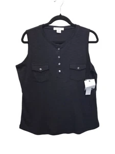 Liz Claiborne Top Women’s Petite LP Sleeveless Black Blouse Button Pocket - NEW - Picture 1 of 6