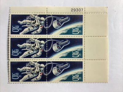 1970 US Stamps 1331-1332 Block Of 6 (5 Cents)Top Plate Space Progress MNH VF/XF - Image 1 of 3