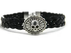 King Baby Studio Mens Black Braided Leather Bracelet Silver Concho Skull NWT - Picture 1 of 5