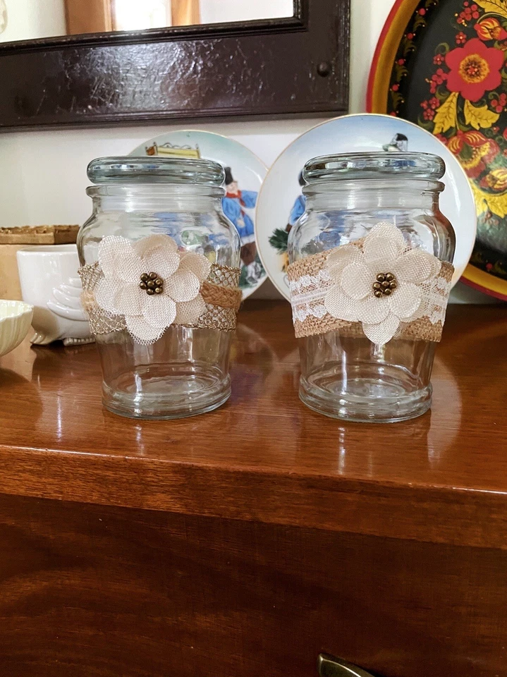 Burlap Lace Floral Lidded Glass Jars Rustic Shabby Chic Home Decor Storage Lot 2 - Image 1 of 4