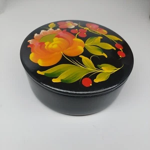 Vintage Black Lacquered Lidded Trinket Box Round Hand-Painted Flowers 5” - Picture 1 of 9
