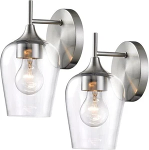 2 PACK Brushed Nickel Wall Sconces Modern Bathroom Fixture Lighting Glass Shades - Picture 1 of 10