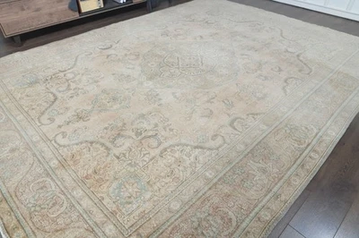 9.4x12.8 ft, OVERSIZED Vintage Turkish Oushak Rug, Faded Beige Handmade Wool Rug - Image 1 of 4