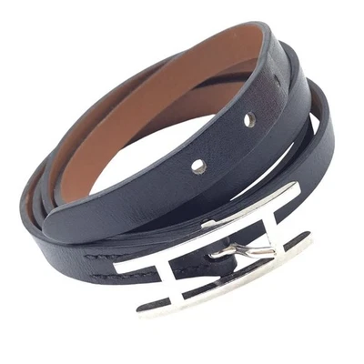 Bracciale lungo Hermès Appliqué 3 in pelle nera ferramenta argento 2015 unisex - Immagine 1 di 4