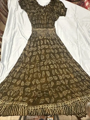 Коричневый крестьянское платье галстук краситель с листом узор, один размер - Изображение 1 из 3