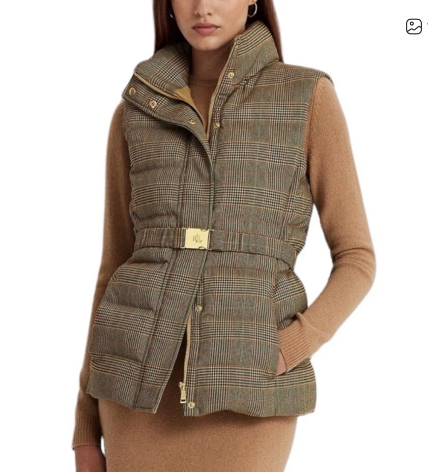 Chaleco Ralph Lauren Para Mujer Glen A Cuadros Acolchado Tweed Abajo Marrón Talla 18 Nuevo con Etiquetas $345 Foto 1 de 4