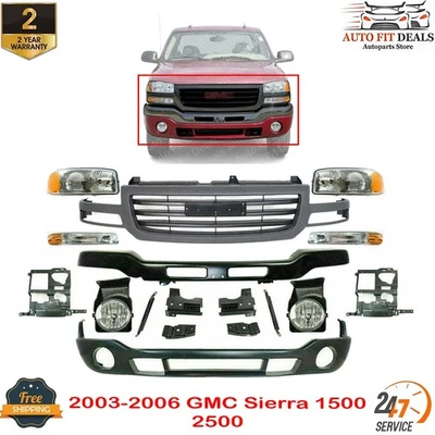 Front Bumper Primed w/ Brackets Kit + Grille+ Fog For 03-06 GMC Sierra 1500 2500 - Image 1 of 4