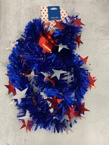 1 PK Blue Tinsel With Red & White Stars Garland Patriotic 4th July Decor 8ft USA - Bild 1 von 1