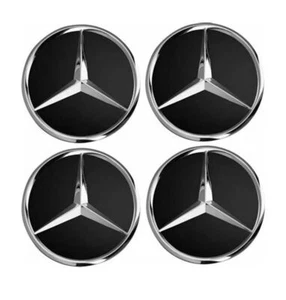 4 X Mercedes 60mm Outer, 55mm clips diameter GLOSS BLACK Alloy Wheel Centre Caps - Picture 1 of 8