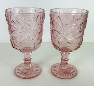 2 Pink Butterfly and Bunny Glass Water Wine Goblets 6.5" Tall