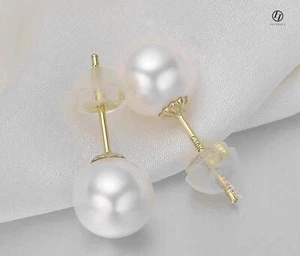 Pendientes de tachuelas de oro liso 18K de perlas de agua dulce de 8-9 mm blancos perfectos para novia redonda - Imagen 1 de 10