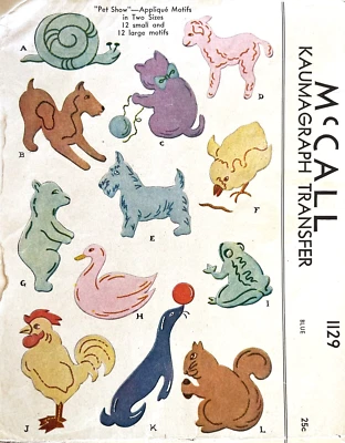 1940's McCall "Pet Show" Applique Motifs Kaumagraph Transfer Pattern 1129 - Image 1 of 2