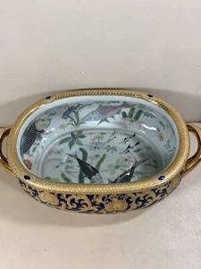 Chinese Asian Oval Cobalt Blue and Gold w/ Interior Fish Bowl Basin with Handles - Picture 1 of 16
