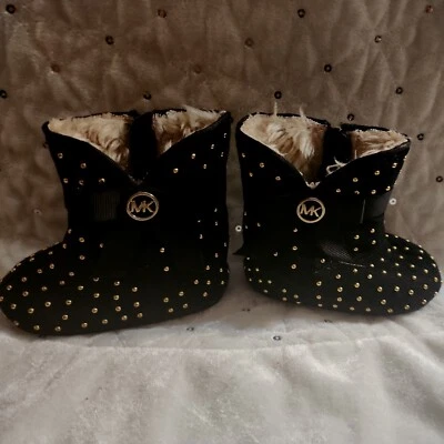 Michael Kors Baby Grace Tiff Black Gold Stud Faux Fur Infant Size 3 Crib Boots - Image 1 of 4