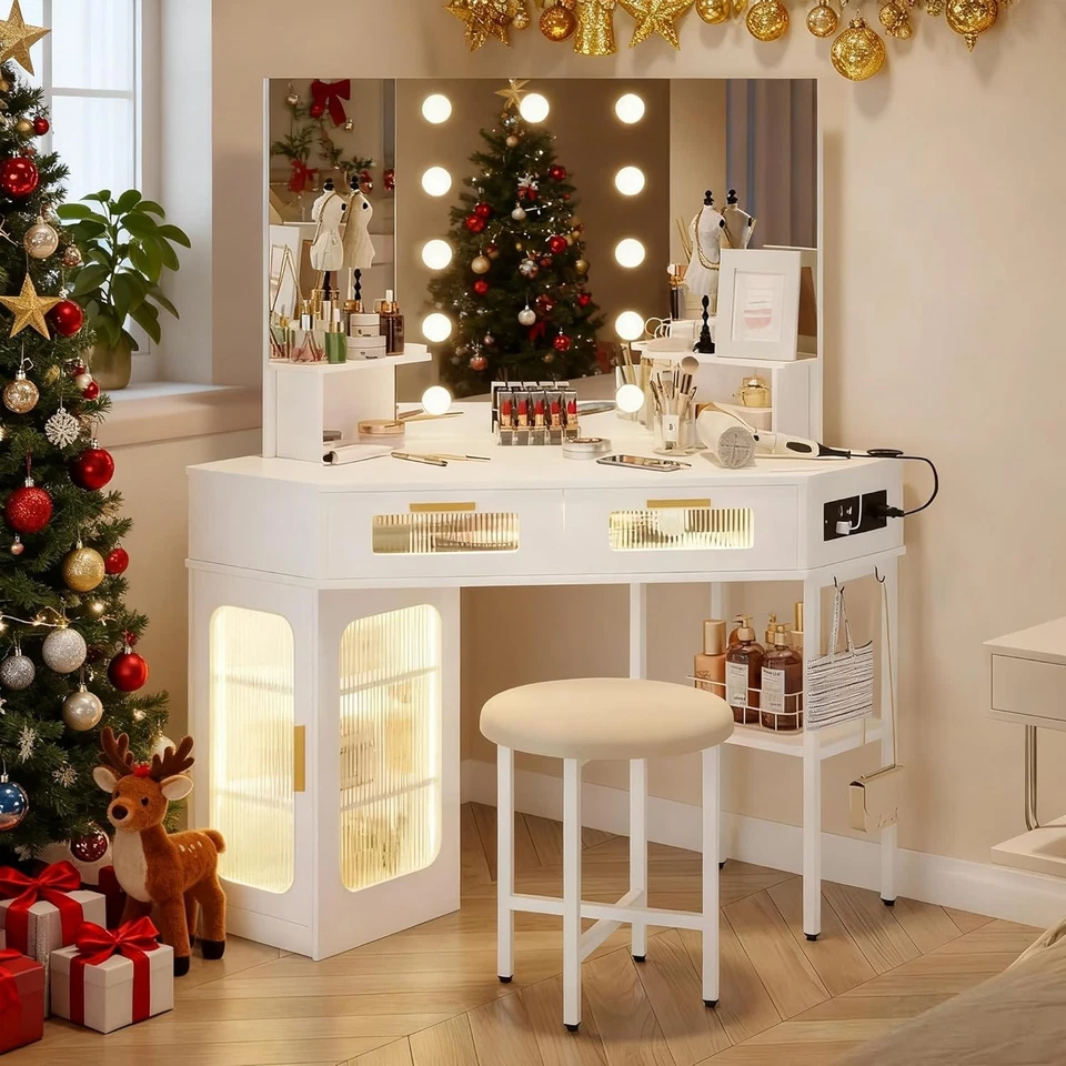 Corner Vanity Desk with Mirror and Lights, Makeup Table with Charging Station - Image 1 of 1