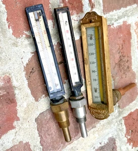 ANTIQ Industrial Themometer Gauges w Brass Copper Fittings Steampunk LOT of 3 - Afbeelding 1 van 14