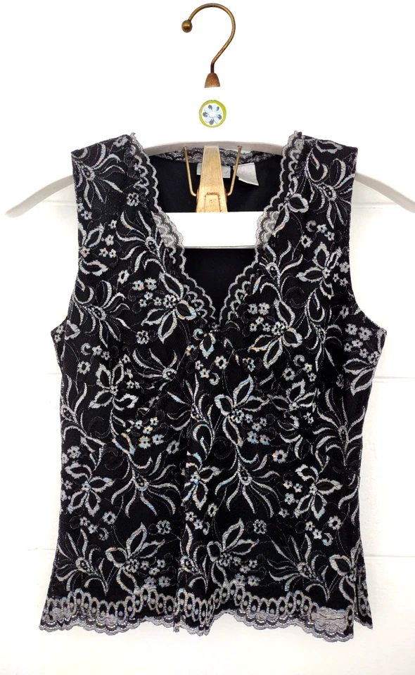 Винтажный 90-х Y2k Spiegel резинке Майка черный серебряный цветочный кружева v-образным вырезом фея вечеринки - Изображение 1 из 4