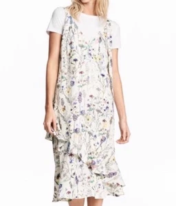 H&M White Floral Midi Dress, flounce ruffle hem, size 14 - Picture 1 of 11