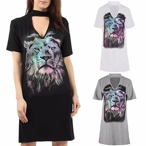 NEW LADIES LION PRINT MINI DRESS CHOKER V NECK WOMENS T-SHIRT TUNIC SUMMER TOP - Picture 1 of 5